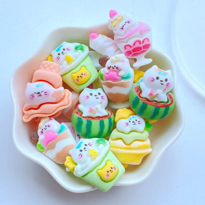 10Pcs New Resin Mini Cat Ice Cream Series Flat Back Scrapbooking DIY Jewelry Craft Decoration Accessories