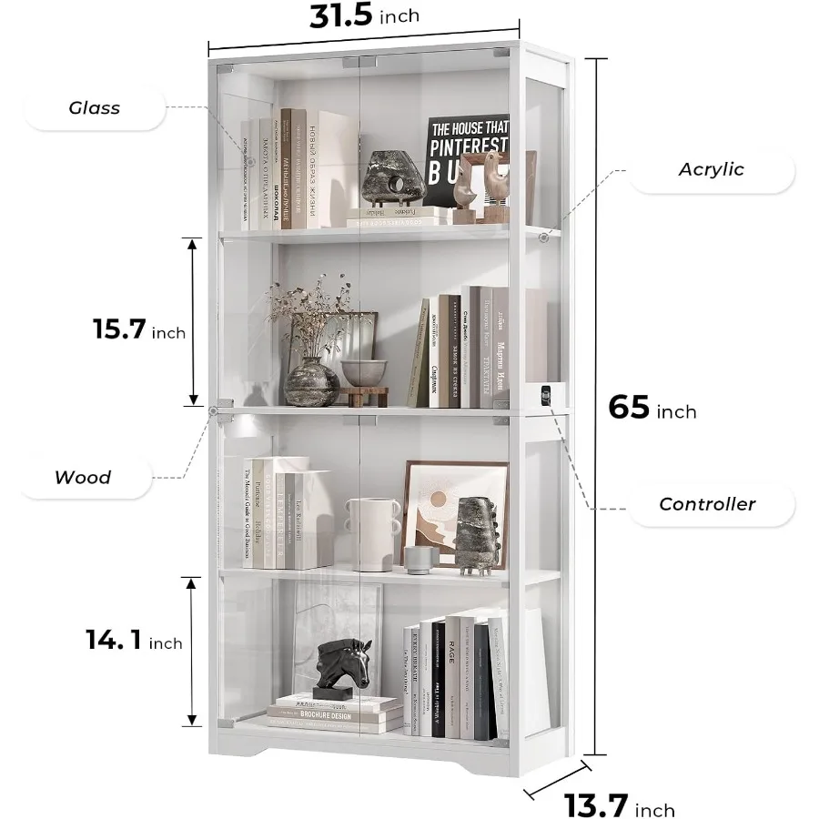 Display Cabinet with Glass Doors for Living Room, MDF Wood in White, 4-Tier Display Case with Adjustable Shelves and Soft-Close