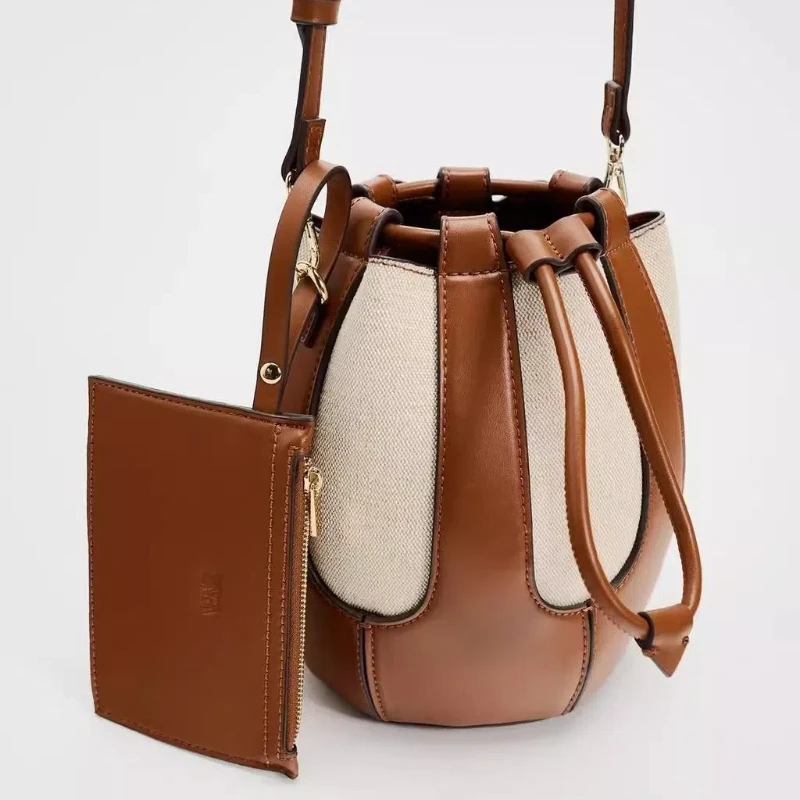 Women\'s Bag Canvas Splicing Single Shoulder Commuting Crossbody Niche Bucket Bag