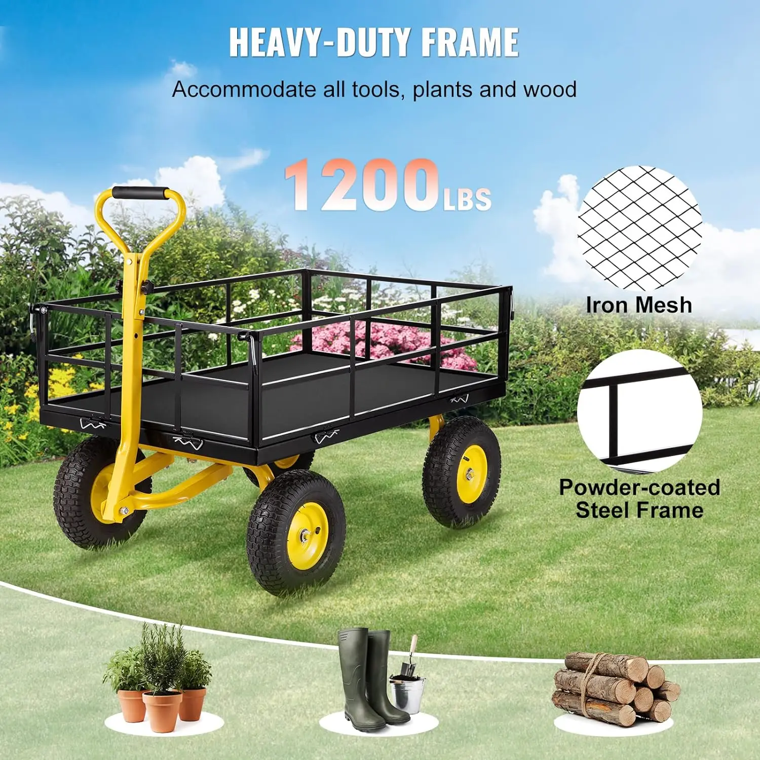 VEVOR Steel Garden Cart, Heavy Duty 1200 lbs Capacity, with Removable Mesh Sides to Convert into Flatbed, Utility Metal Wagon wi