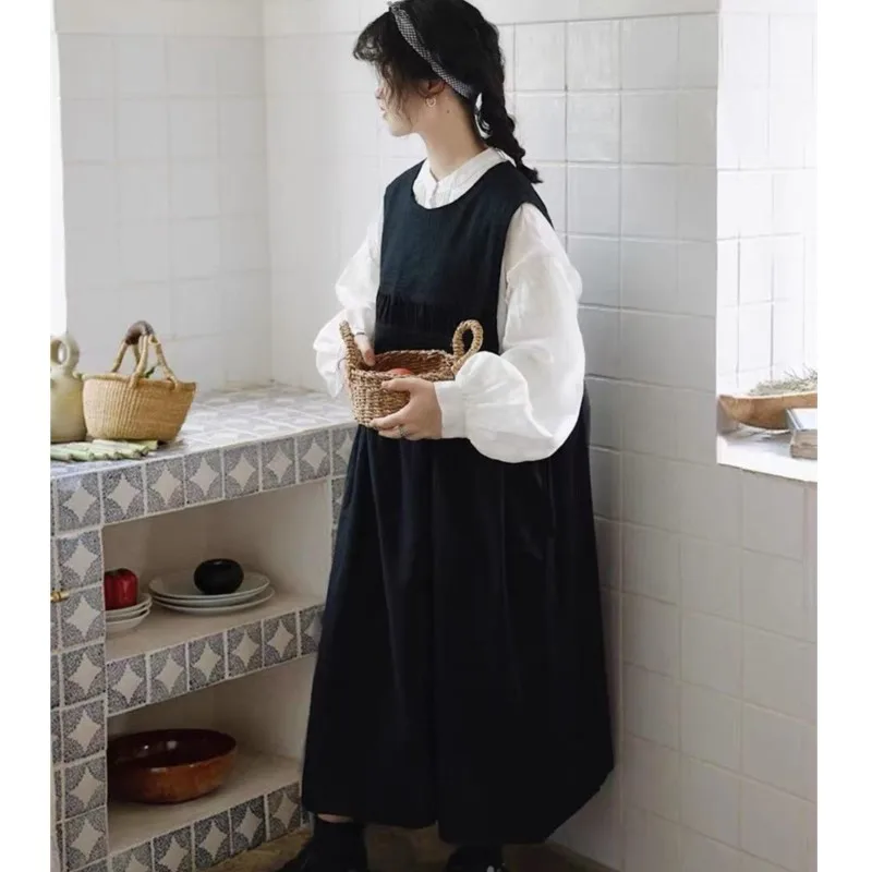 Johnature japonês doce linho plissado de cintura alta sem mangas vestido primavera verão novo solto em camadas plissado vestidos femininos