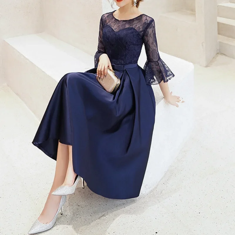 Customized O-neck Half Flare Sleeve Prom Dresses Lace Slim Waist Elegant Pleated Formal Dress 2024 Solid Medium To Long Evening