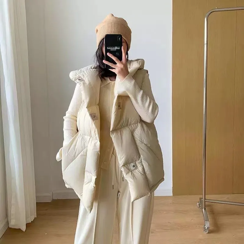 Hooded Pocket Vest Casual Solid Sleeveless Coat For Women Loose Stand Collar Winter Fashion Jacket 2023 Dropshipping