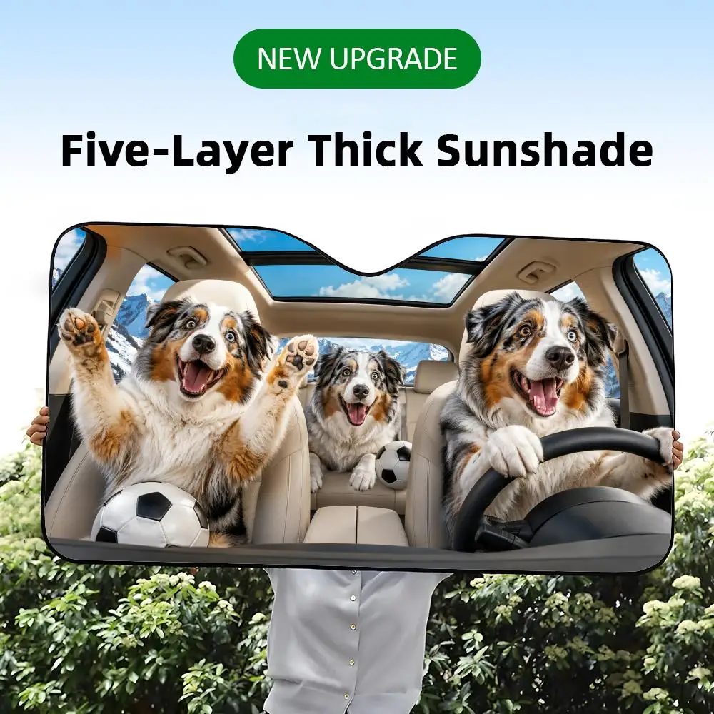 A five-layer thick car windshield sunshade with a funny graphic print of Australian Shepherd dogs throwing a soccer party.