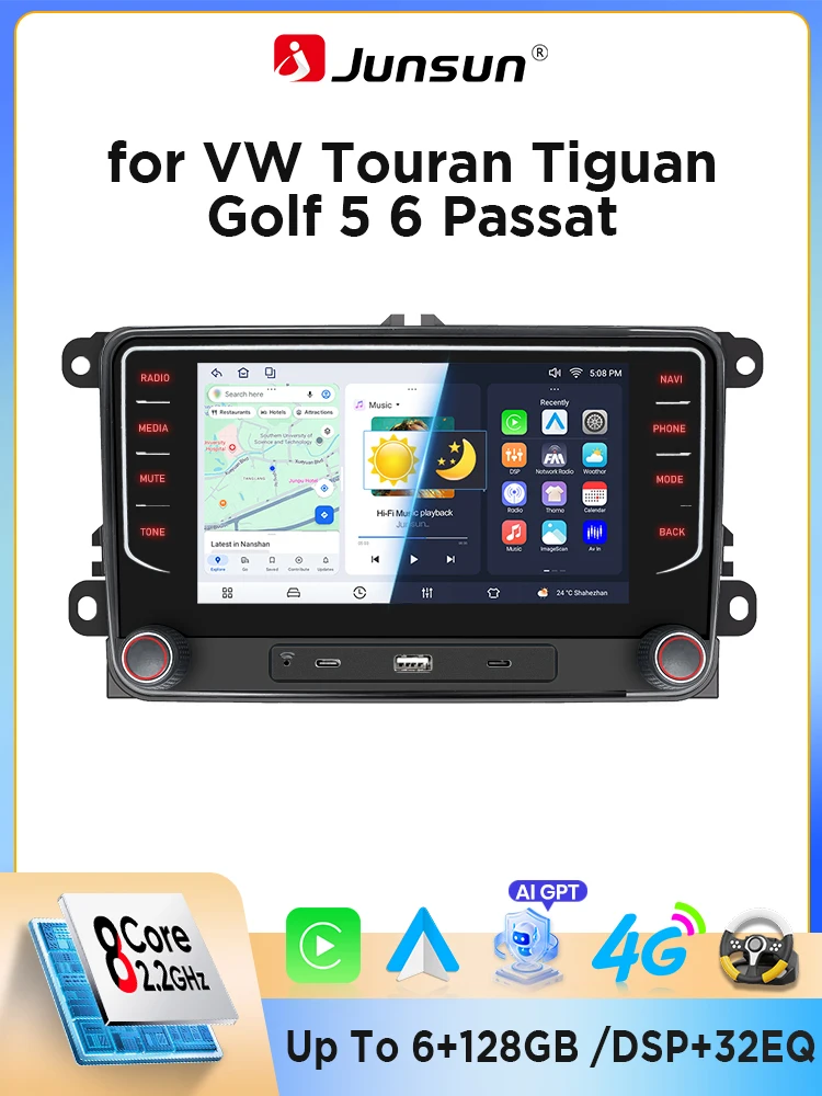 Junsun – 7-calowy samochodowy system audio z systemem Android, przeznaczony do samochodów VW/Volkswagen, Skoda Octavia, Golf 5 i 6, Touran, Passat B6, Polo, Jetta, wyposażony w port USB typu C, — 2
