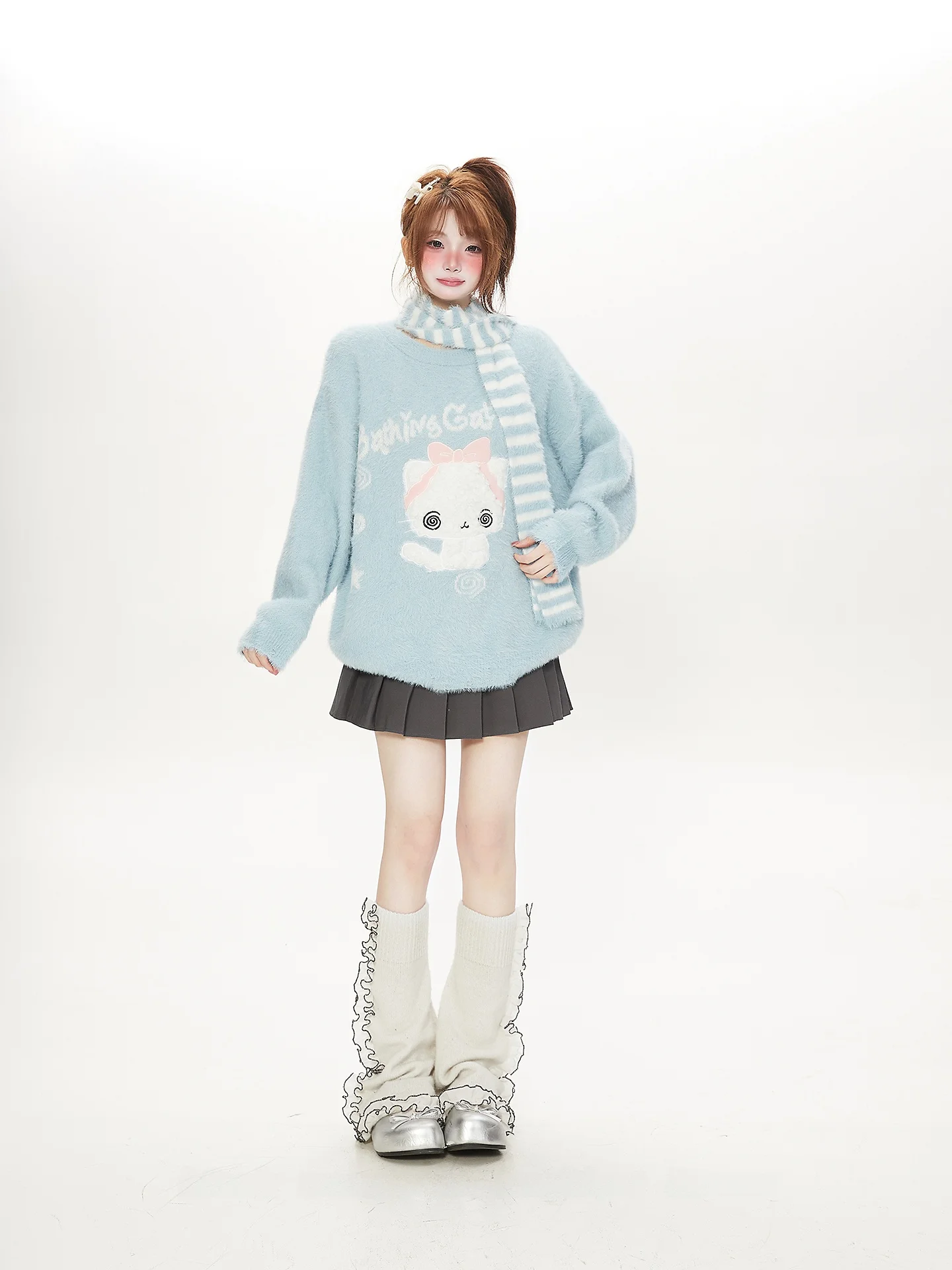 

Adorable Soft Faux Mink Embroidery Scarf Sweater Women Spring Autumn Sweet Knitted Top Loose Fit Long Sve round Ne