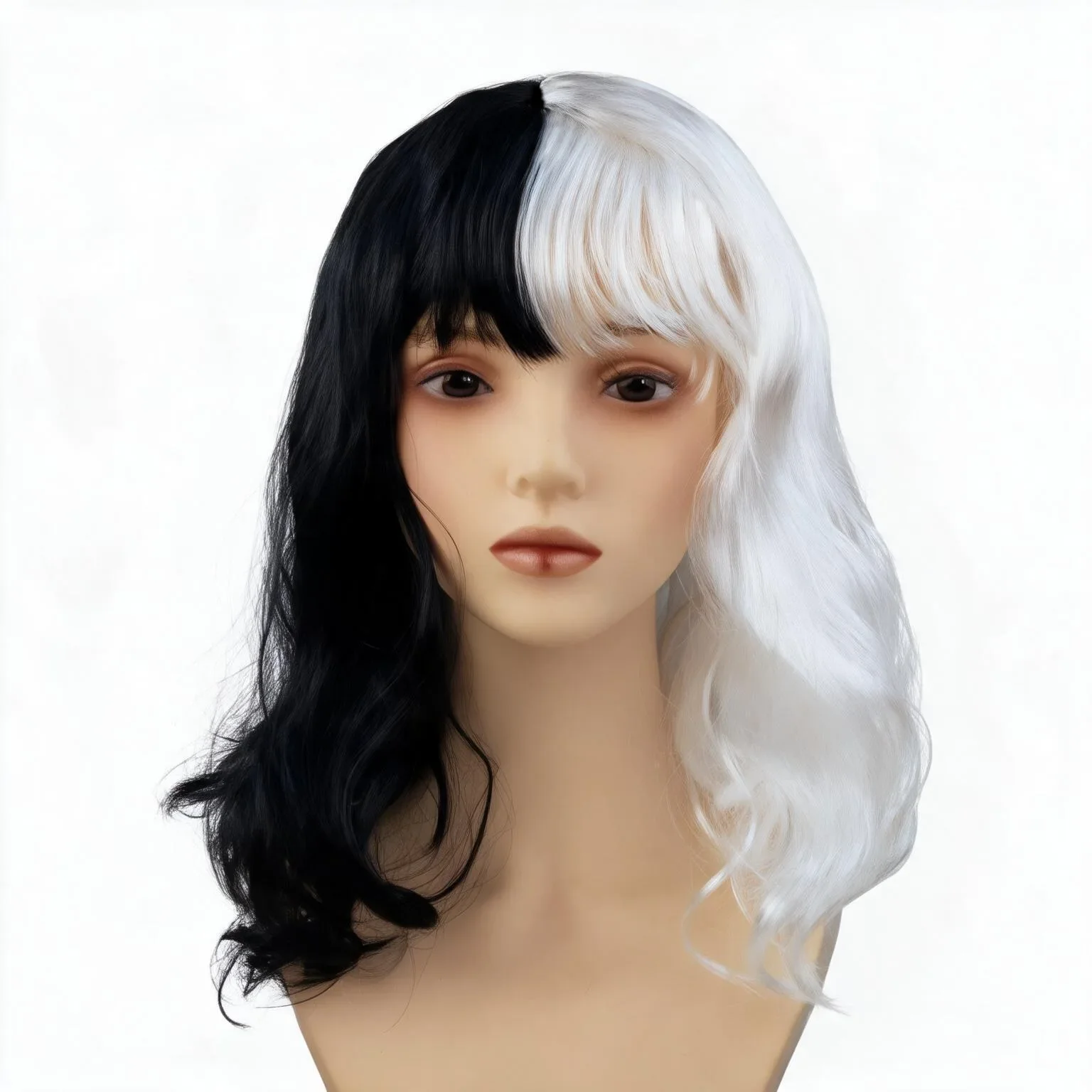 Black White Two-Tone Wavy Wig Bangs Cosplay Headpiece Cruella Witch Costume Halloween Party Prop for Women Men Fancy Dress Adult
