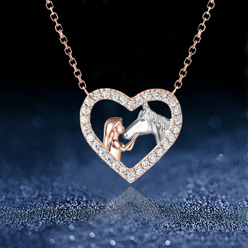 Exquisite Heart Zircon Girl and Horse Necklace for Women Rose Gold Plated Pendant Necklace Animal Jewelry Party Anniversary Gift