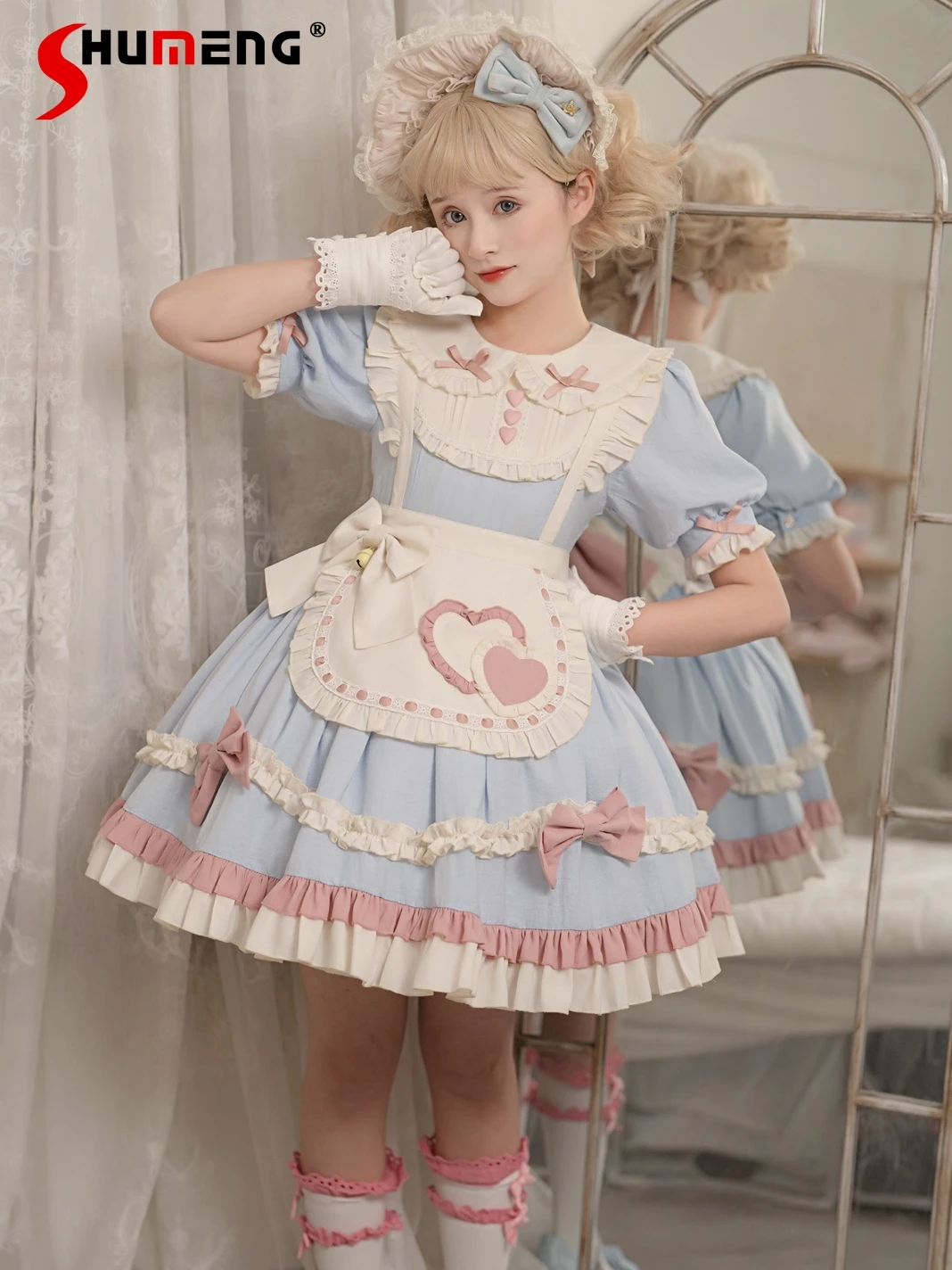 

Original Sweet Op Dress Cute Girl Peter Pan Collar Pink Bow Short Sleeve Lolita Dress Summer A Line Short Dress for Women