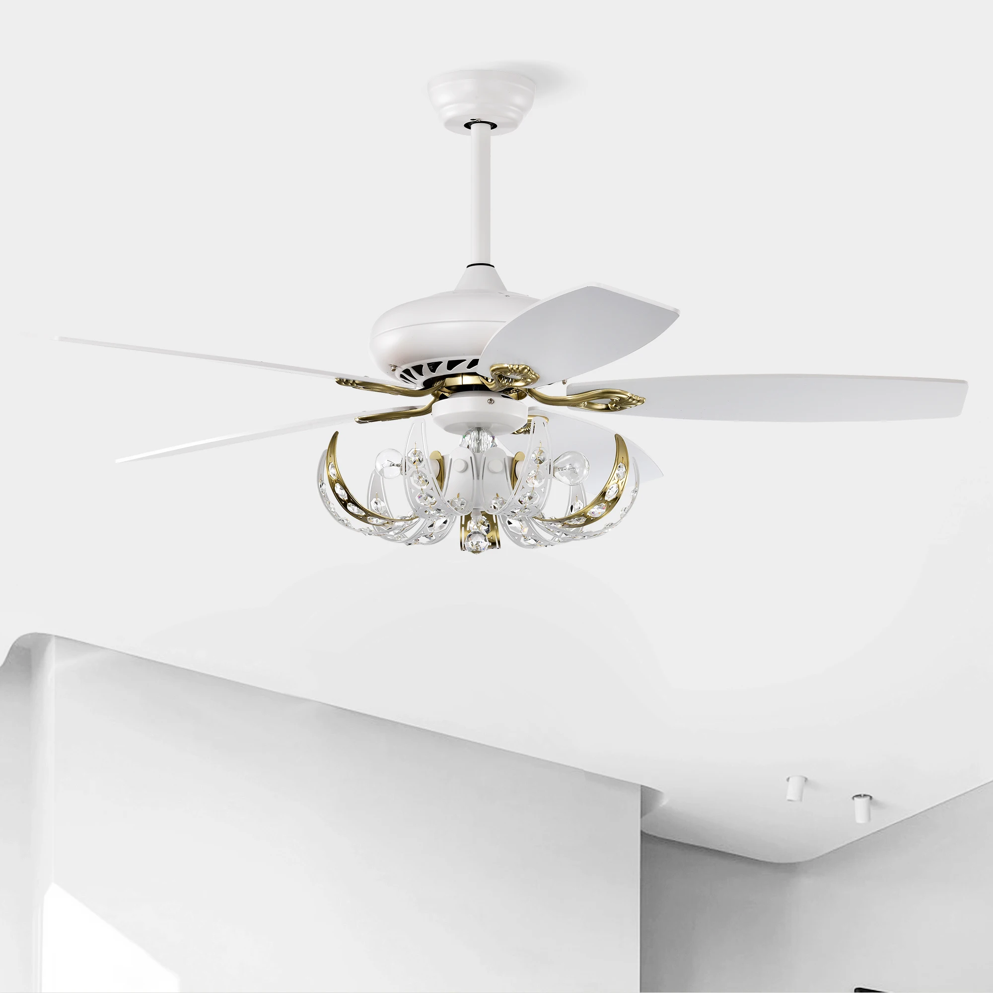 

52" Crystal Ceiling Fan with 5 Reversible Blades Light Kit and Remote Control, 3-Speed - Matte White