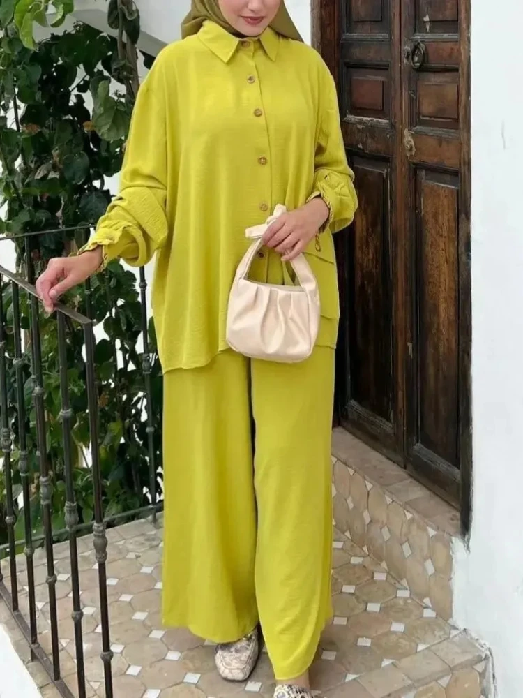 Women Eid Muslim Sets Two Pieces Solid Ensemble Kaftan Single Breasted Button Blouses Casual Wide Leg Pants Morocco Ramadan