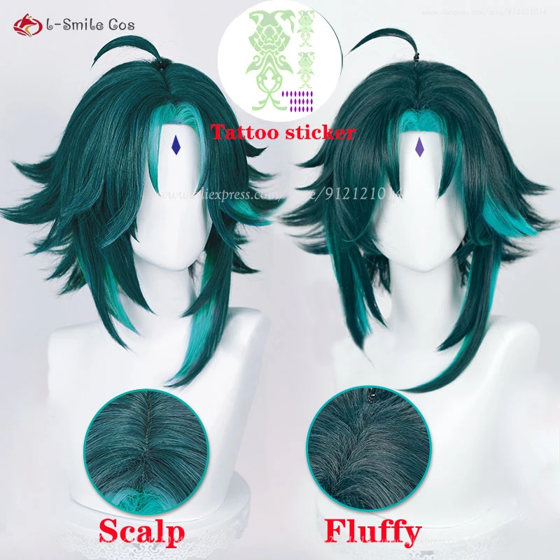 2 Stile Xiao Cosplay Perücke 40 cm kurze grüne Anime Perücken mit Aufklebern hitzebeständige Kunsthaar Halloween Party Perücke + Perückenkappe