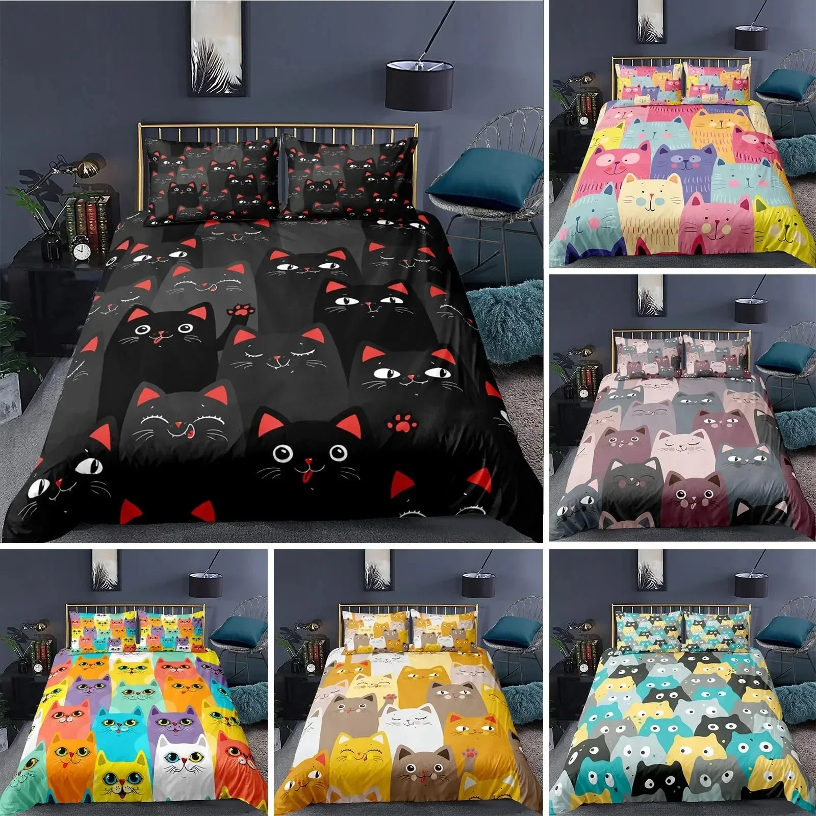 

Cat Duvet Cover Polyester Pattern with Hipster Playful Feline Characters, Decorative Twin Bedding Set with 2 Pillow Sham