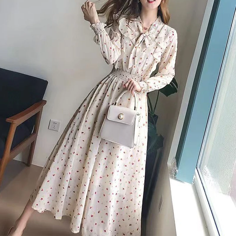 Women's Ruffle Bow High Waist Elegant Party Dresses Spring Autumn Fashion Print V Neck Long Sleeve Slim Midi Dress Fairy Vestido