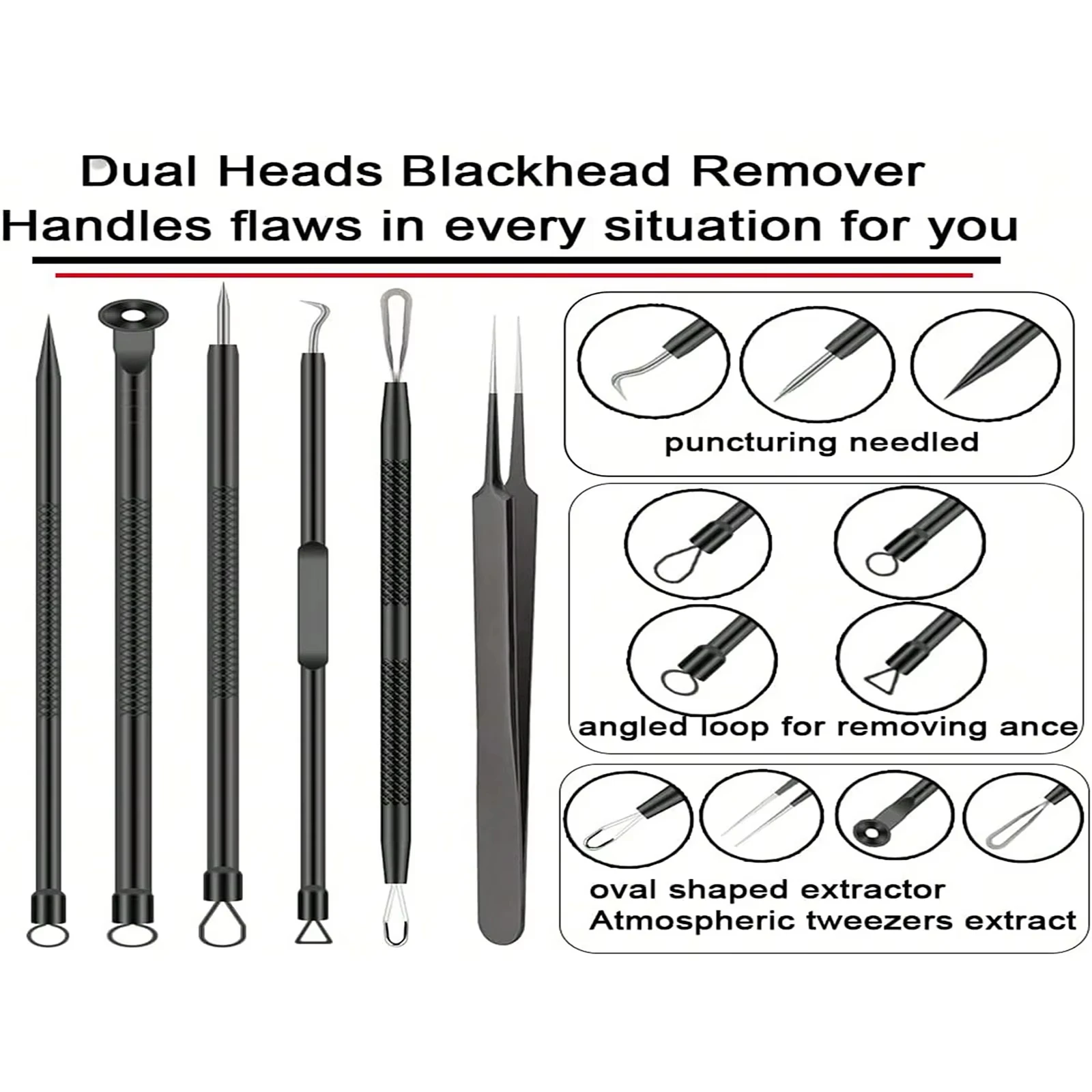 6 stks/set Acne Verwijdering Naald en Clip Rvs Tool Mee-eter Verwijderen Vlekken Gezichtsverzorging Schoonheid Facial Pore Clean