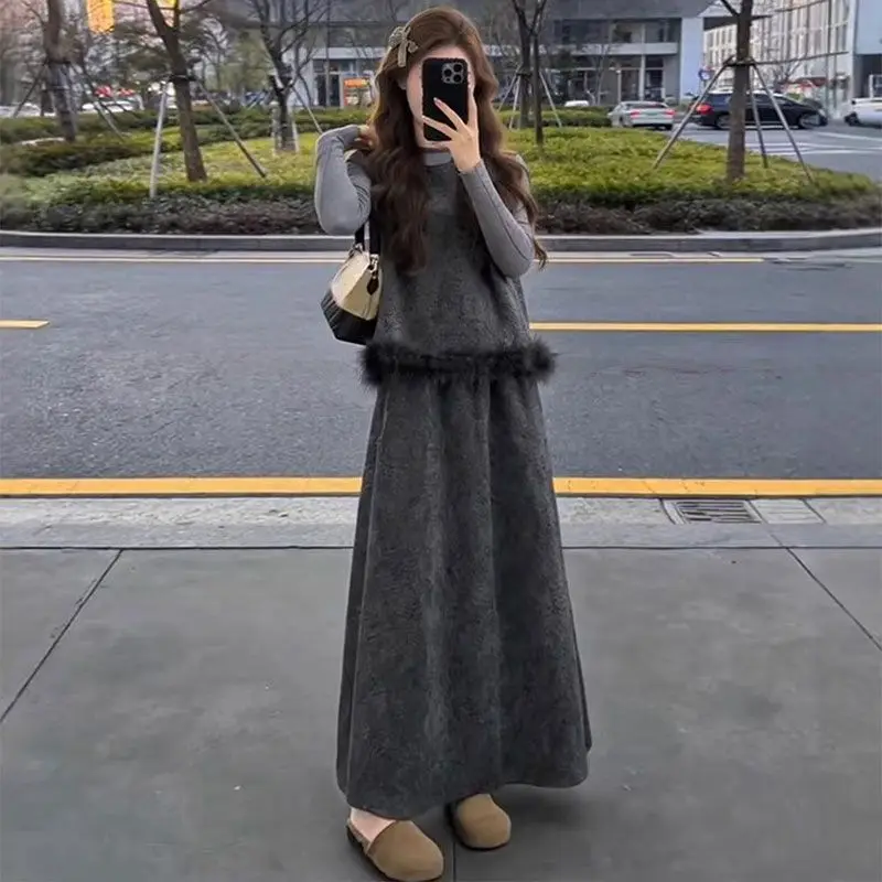 

Korean Sle Winter Aosphere Sense Set ort Size Faux Fur Trim Vest under irt f Skirt Tee Piece Set Faion Ensemble