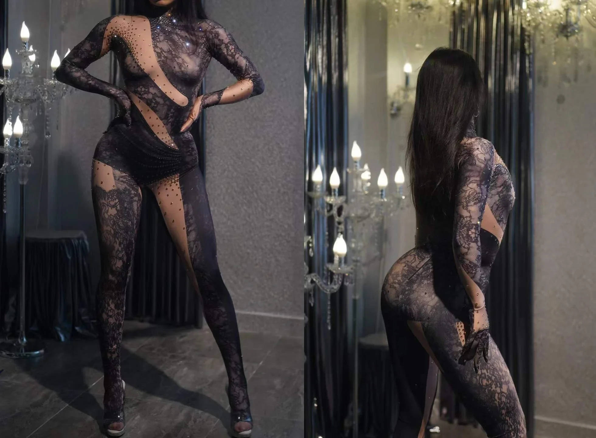 

Burlesque Special Occasions Womens Stretch Pold Dancing Stunning Rhinestone Mesh Spandex Jumpsuits Nightclub DJ DS Drag Costumes