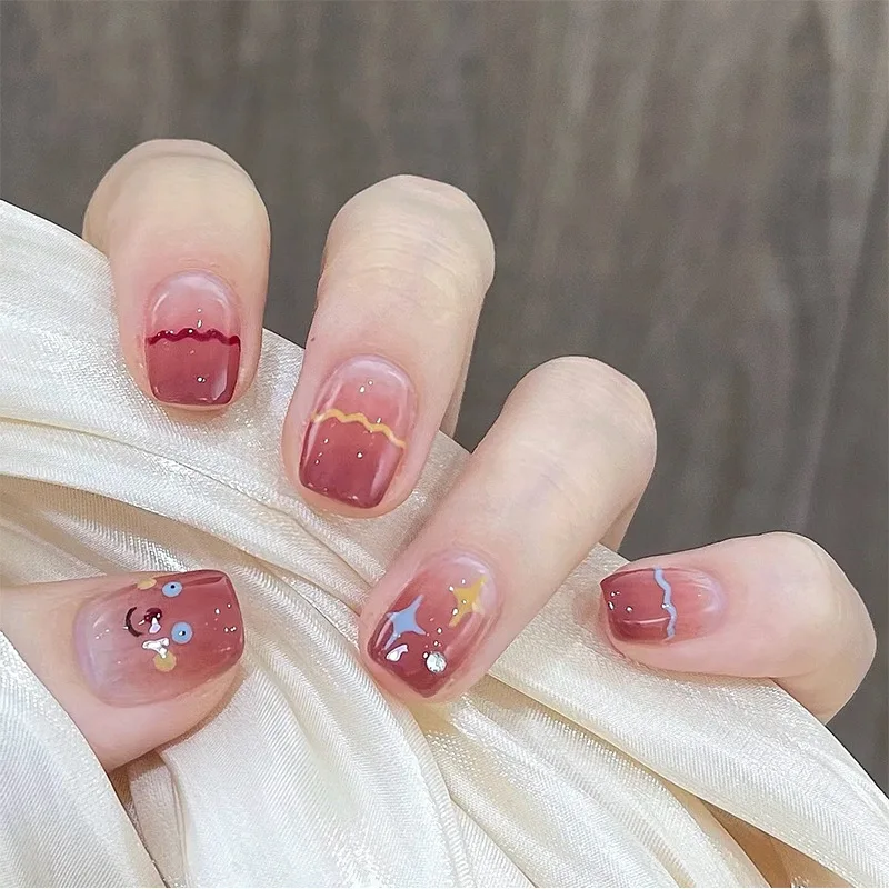 Summer Colorful Line Minimalist Women Nail Stick Removable Short Cute Star Zircon Student Wearing False Nails