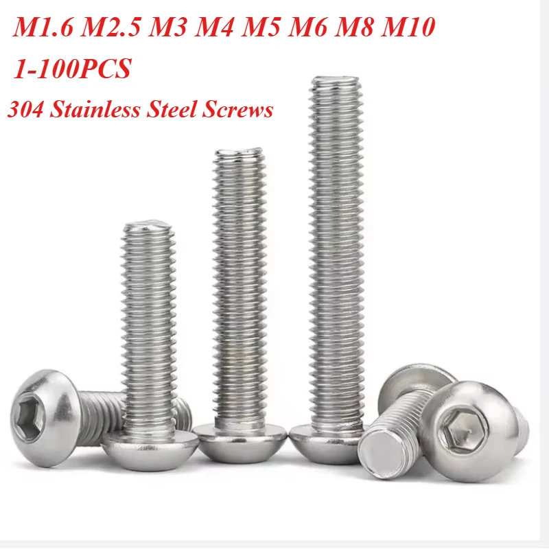 M2 M3 M4 M5 M6 M8 304Stainless Steel Hex Socket Button Head Screws Metric Thread Allen Bolts Set for 3D Printer Furniture