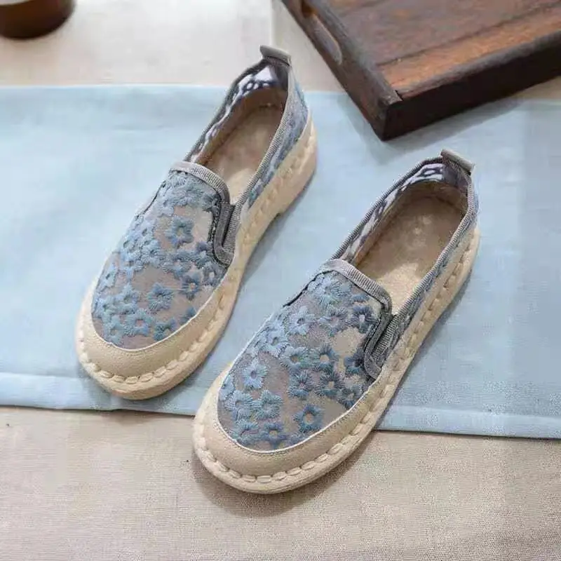 Summer Women Lace Slip on Flats Breathable Soft Bottom Cloth Shoes Casual Comfortable Walking Espadrille Loafers