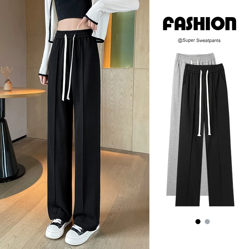 Women\'s Loose Wide Leg Pants Decorative Waist Belt Black Grey Slimming Leg-lengthening Trousers Y2K Traf Korean Style PELEDRESS