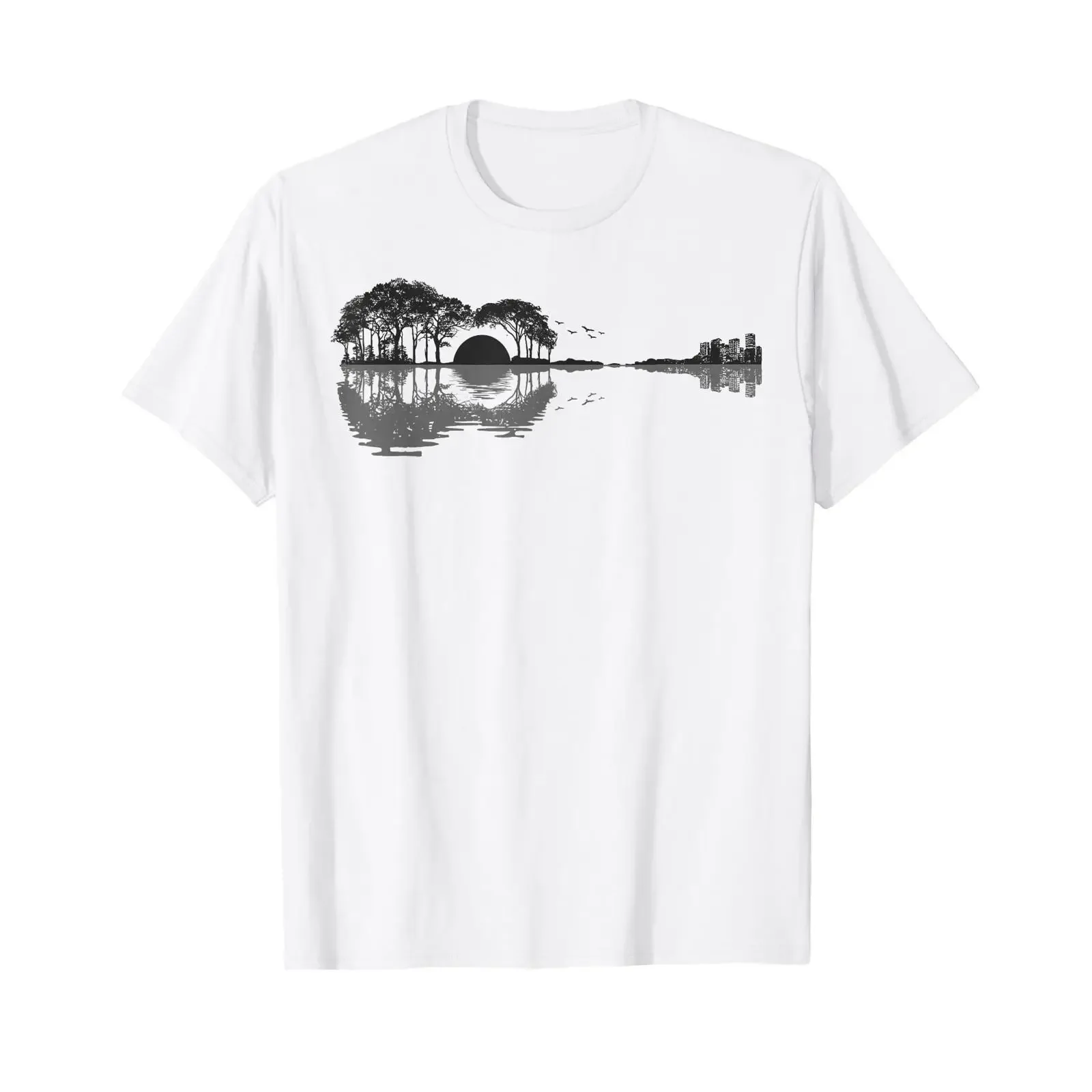 Akustikgitarre, See, Spiegelung, Natur, Wald, Musikliebhaber, T-Shirt, Vintage-Look, gewaschen, dehnbar, lässiges, stilvolles Oberteil für den Alltag.