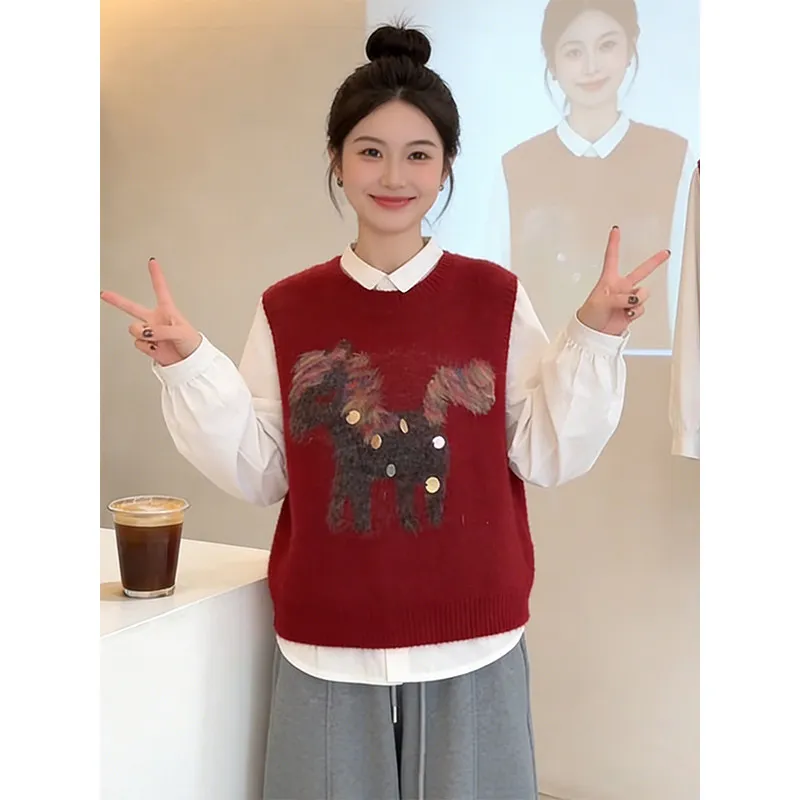 

Sli Embroidered Knitted Vest Women's Spring Faion Top Svel Sweater Casual Sle Layering Trendy