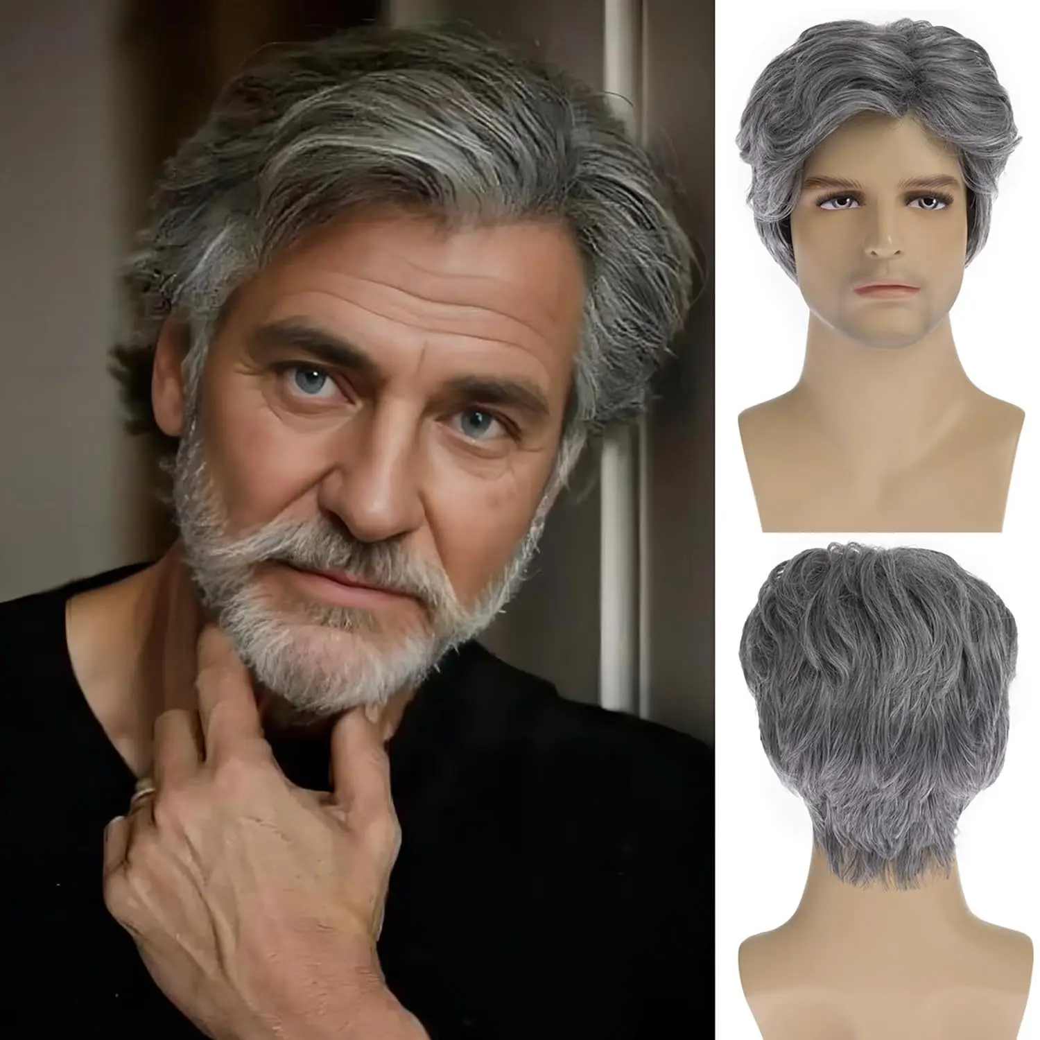 メンズウィッグ、中高年男性用グレー部分ショートヘアカバー、おしゃれなふわふわ天然化学繊維ウィッグ