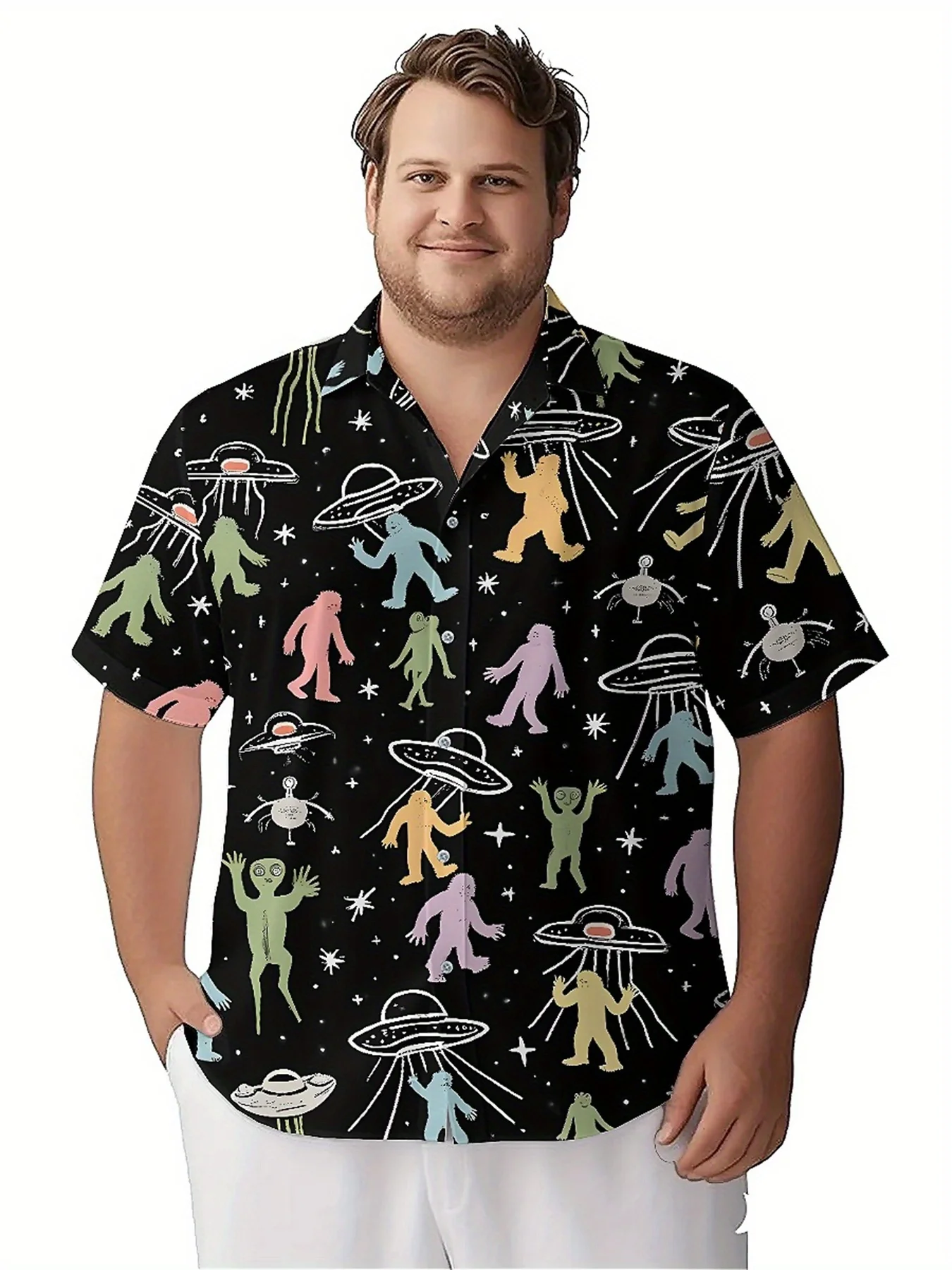 Men's Plus Size Hawaiian Shirts Aliens, UFOs and Fantasy Adventures pattern, Button Up Shirts,  Casual Clothing, Summer Tops