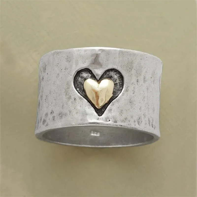 Delicate Silver Color Heart Ring for Women Fashion Metal Two Tone Engagement Wedding Ring Jewelry