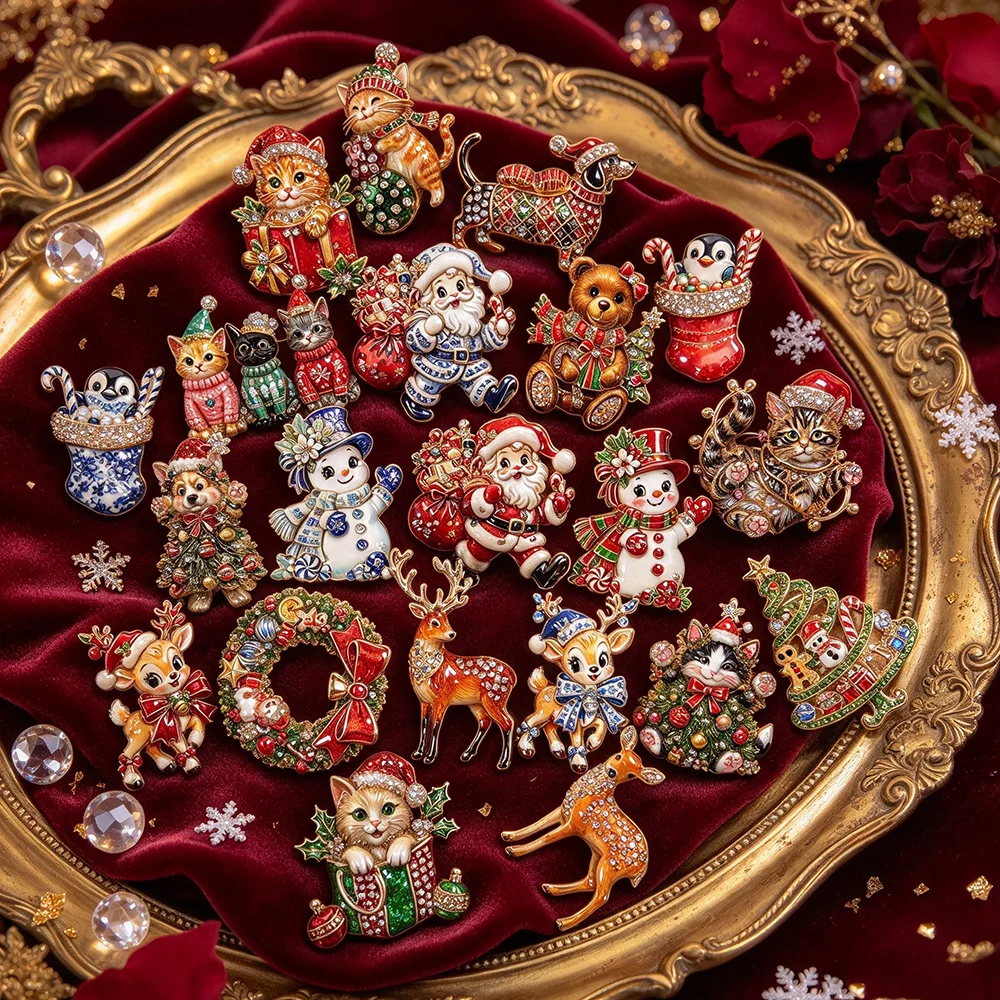 Christmas Enamel Rhinestone Brooch, Santa Snowman Cat Deer Pin, Vintage Xmas Animal Brooches for Coat Scarf Holiday Jewelry Gift