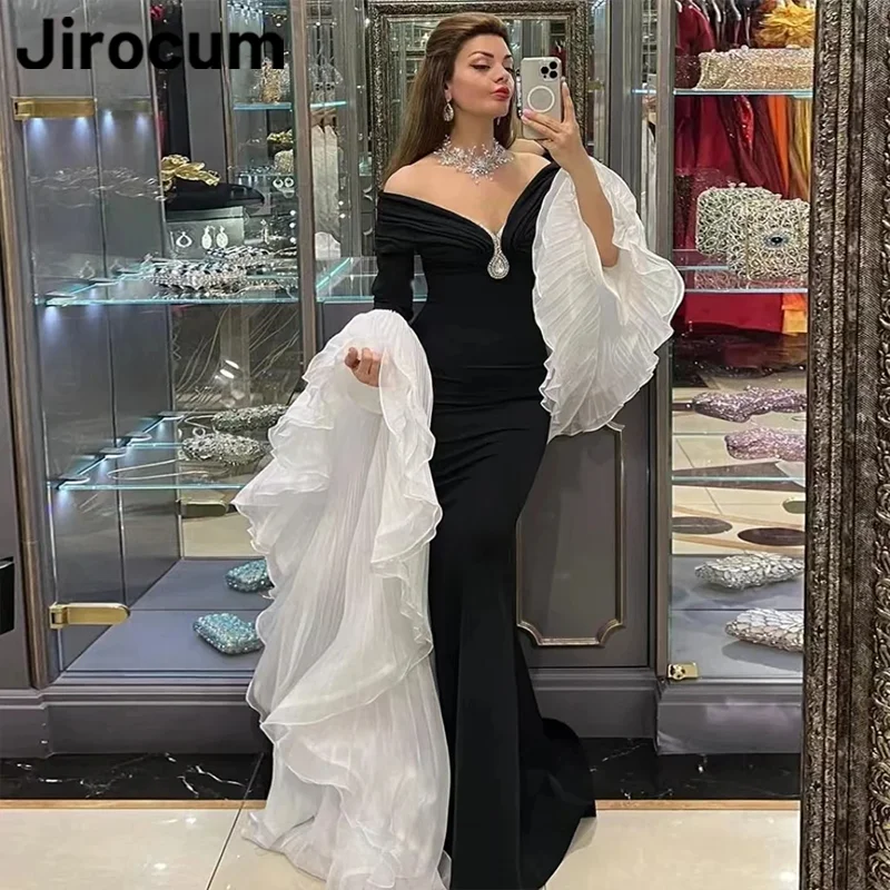 Jirocum Sparkling V Neck Prom Dress Women's Crystal Mermaid Party Evening Gown Floor Length Ruffled Long Sleeve Formal Occasion