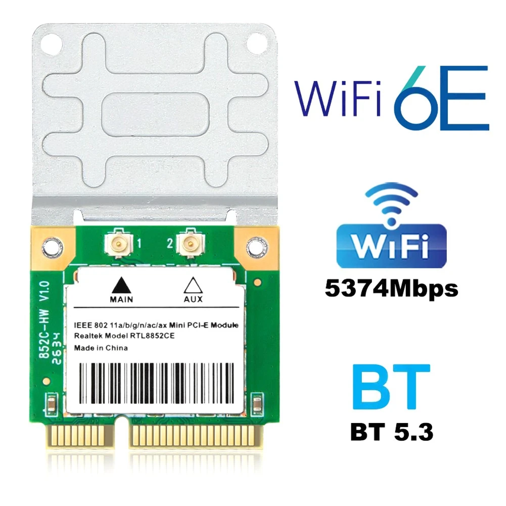 RTL8852CE WiFi 6E PCIe Adapter 5374Mbps Tri-Band 2.4G/5G/6GHz BT5.3 Wireless Network Card for Desktop PC Win10 11