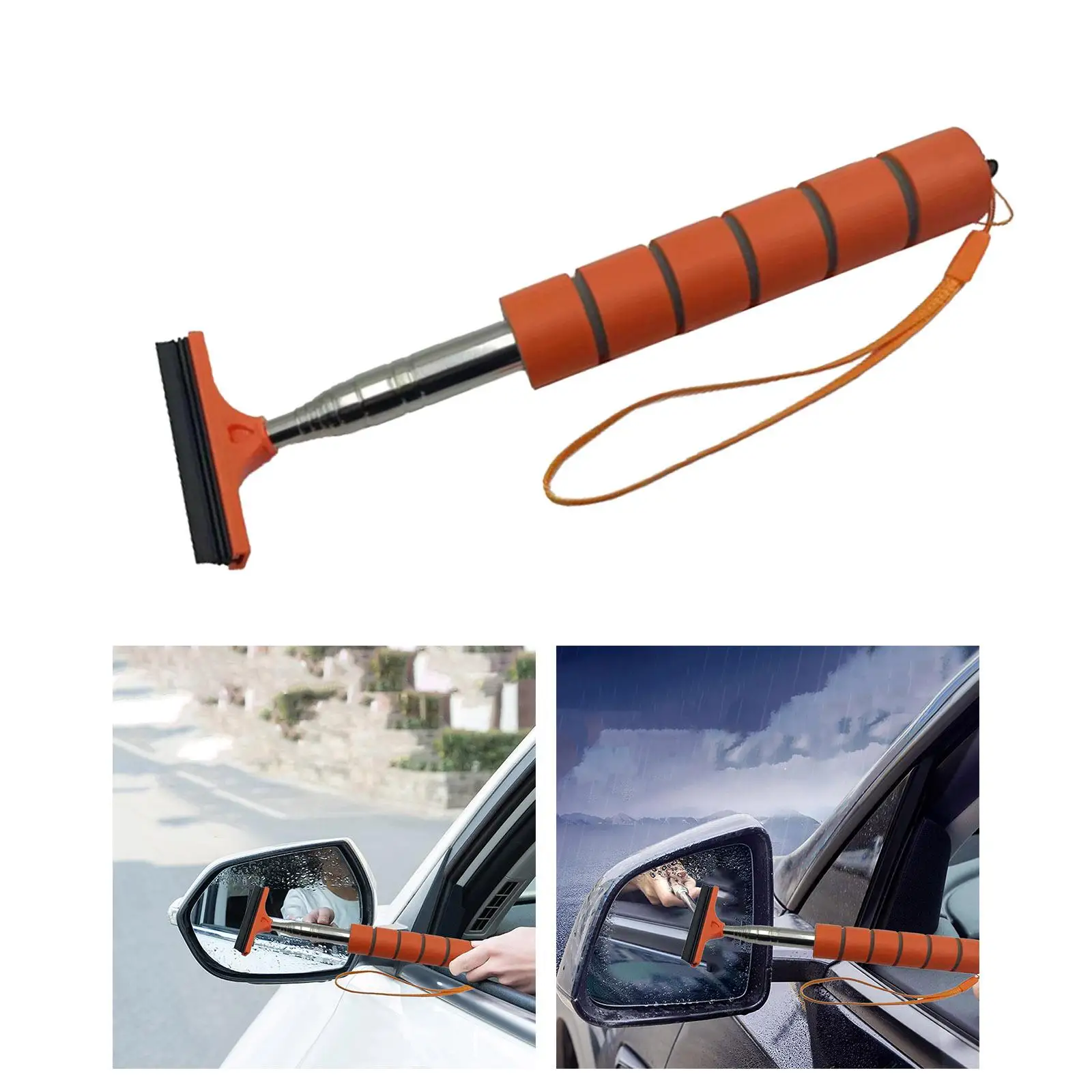Car Rearview Mirror Wiper Glass Cleaner Tool Telescopic Stainless Steel Rod for Side Mirror Squeegee Snow Scraper Pack Portable