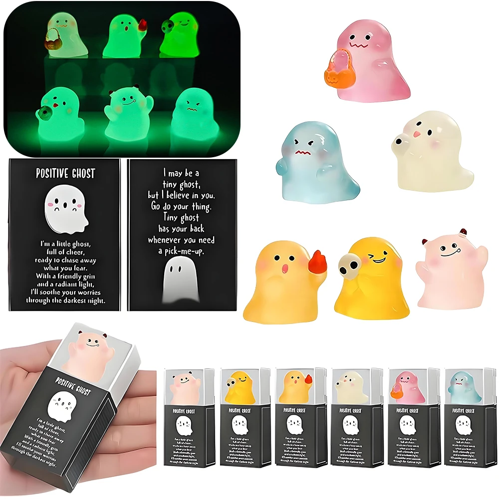 

Glow in The Dark Mini Ghost Figures with Box,Halloween Ghost Decor, Light-Up Ghosts Figurines in 6 Designs with Thank You Cards