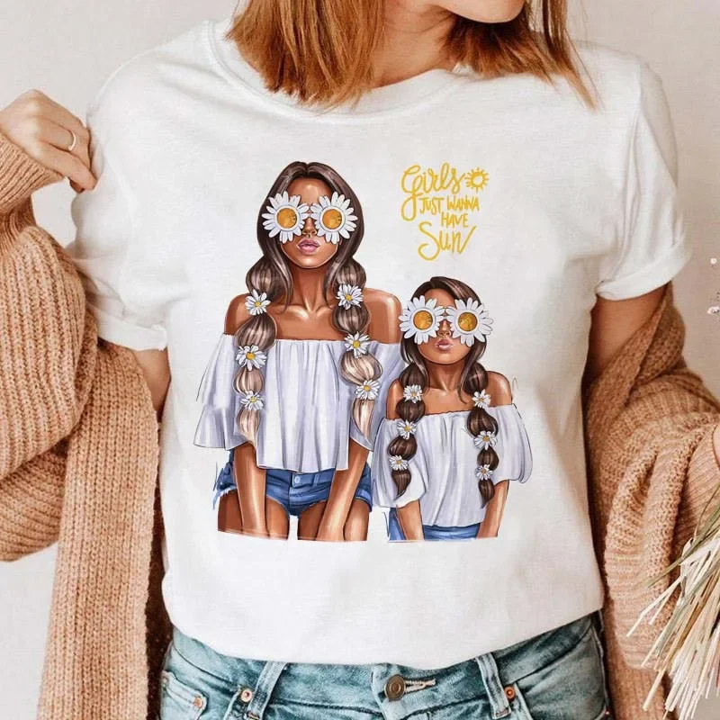 Plus Size Maycaur kobiety kreskówka mama matka chłopiec dziewczynka nadruk matka pani T-shirty dorywczo T Shirt damski koszulka z nadrukiem