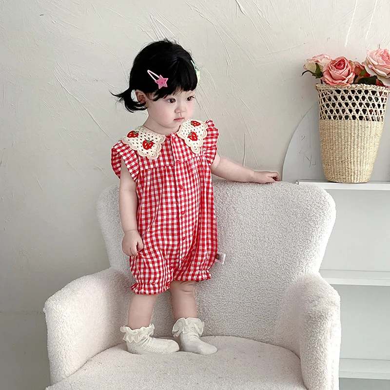2026 Summer Baby Girl Romper 0-2Years Cute Newborn Princess Sleeveless Strawberry Collar Plaid Jumpsuit Outfits Clothes