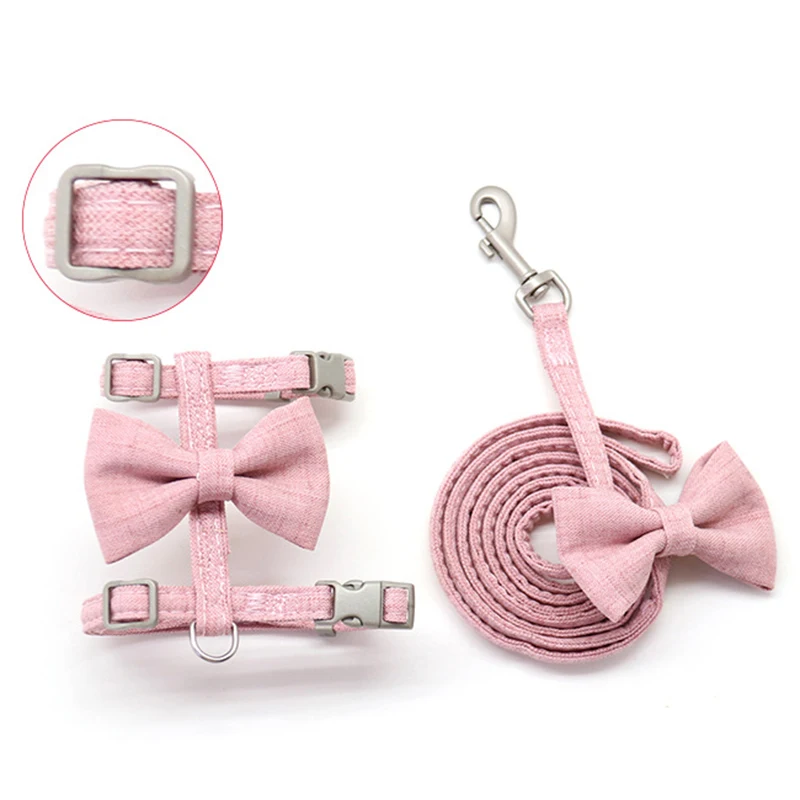 Traction Rope Set Cat Harness Rope Universal For Dogs And Cats Breathable And Adjustable Bow Tie Pink Walking Leash