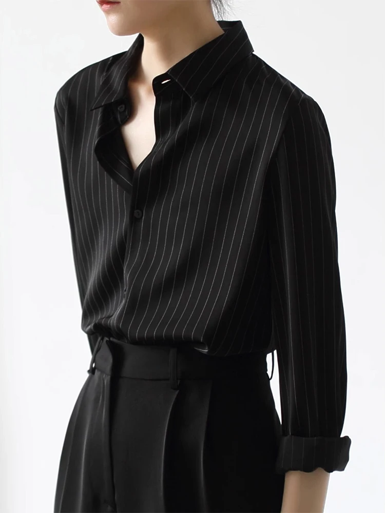 

Women's Black Stripe Shirt Collar Long Sleeve Slim Fit Commute Style Inner Wear Base Layer Top for Interview And Office