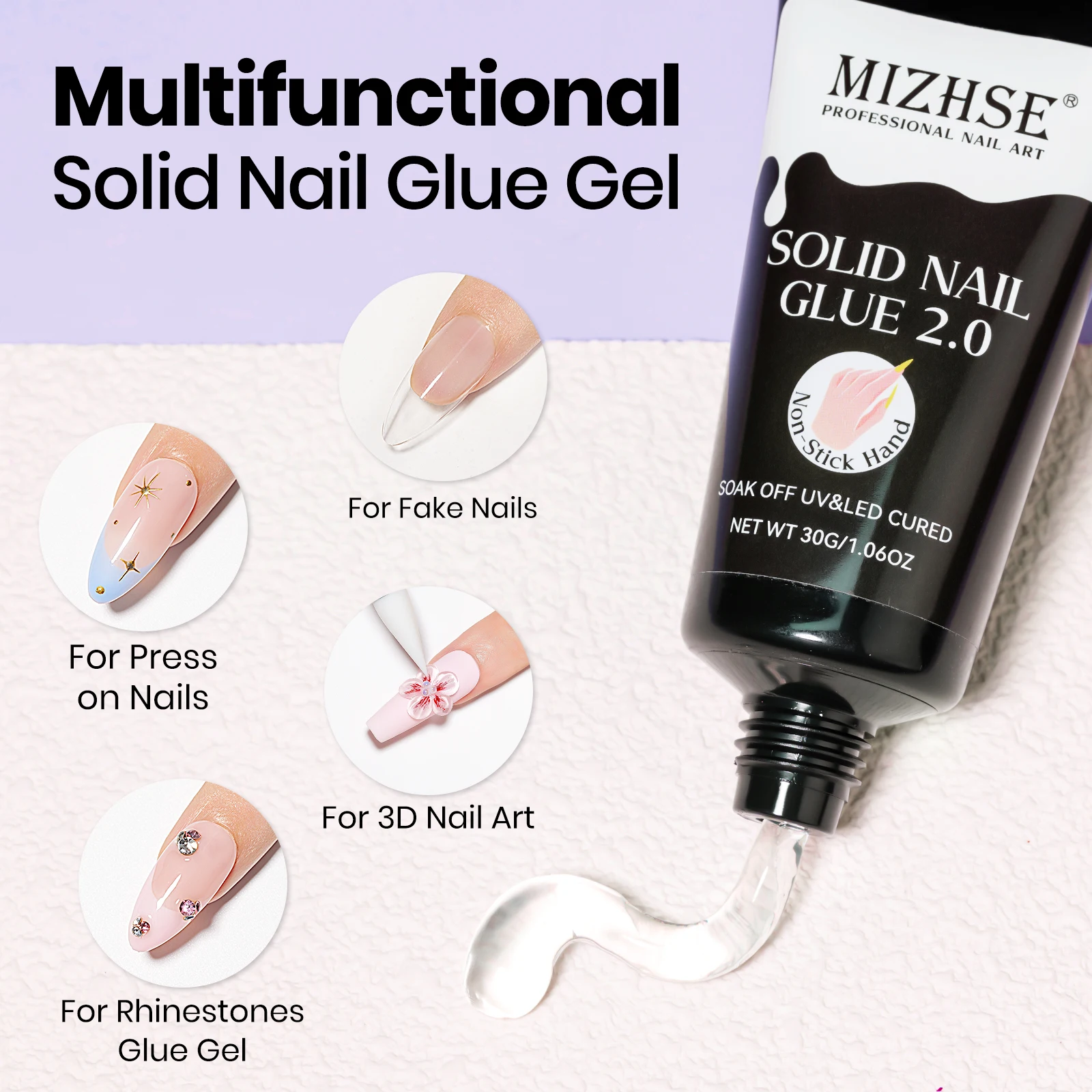 MIZHSE 30G Clear Solid Nail Glue Gel Kit For Press On Nails Gel Easy Quick Non Stick Hand 3D Flowers Nail Art Crystal Jewelry