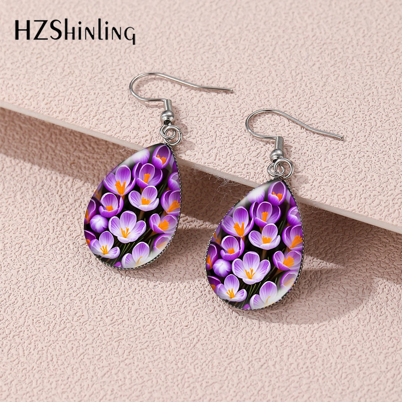 2024 New Fashion Purple Crocus Beautiful Flowers Botanic Tear Drop Fish Hook Earrings Handmade Stainless Steel Jewelry Earrings image 2