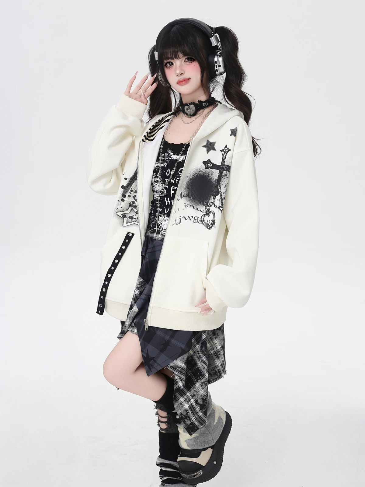 Fashion Highstreet Sweet Cool Subculture Girl Jacket Zipper Long Sleeve Printed Hoodies Loose Casual Versatile Sweatshirts Women