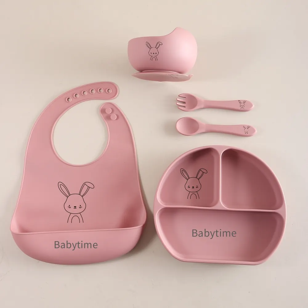 5pcs Bunny Baby Utensils Set, Food Grade Silicone Weaning Set with Bib, Suction Plate, Bowl, Spoon & Fork Gift Set