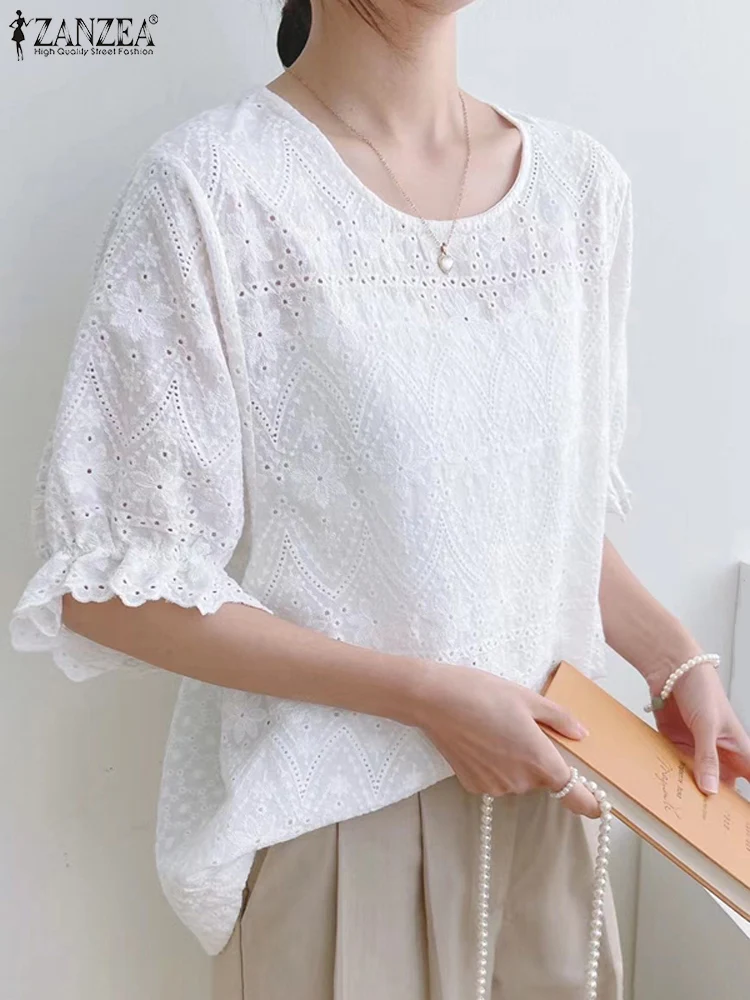 ZANZEA Summer Lace Crochet Blouse Women Patchwork Tops Loose Solid Work Party Blusas Femme Elegant O Neck Short Sleeve Shirt