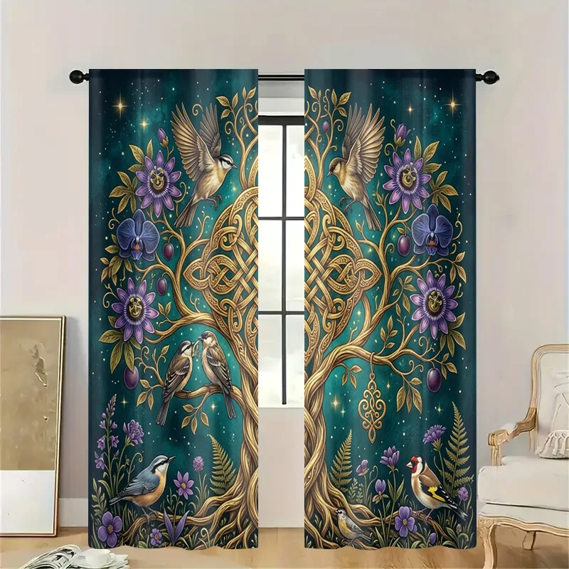 Bohemian Garden Floral Botanical Curtain Pair Window Treatment Boho Decor Semi Sheer Watercolor Nature Tree Print Light Filterin