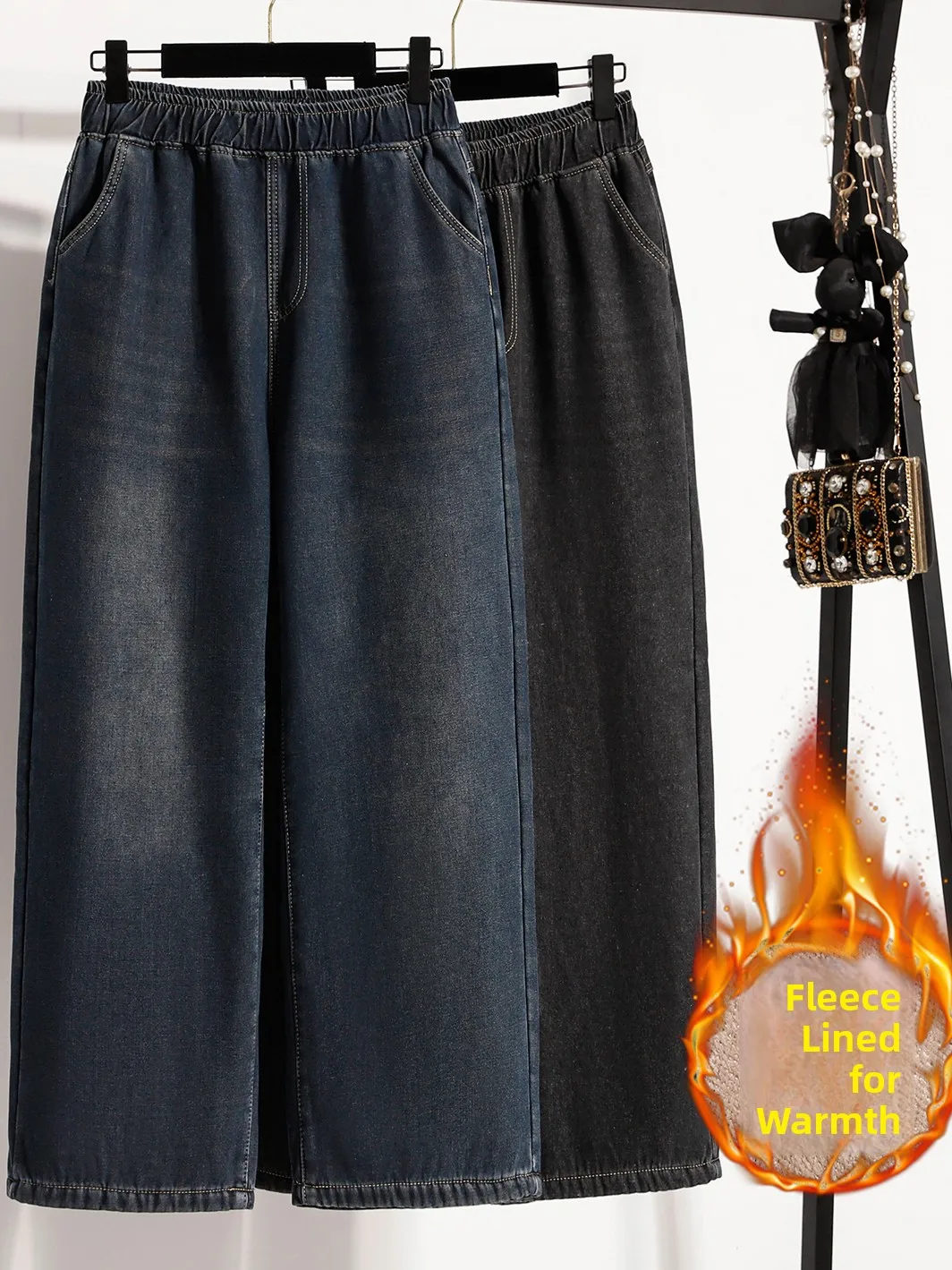 Plus Size Donna Inverno Nuovo Fce Foderato Thiened Casual Jeans caldi Gamba dritta Pantaloni a gamba larga Pantaloni lunghi