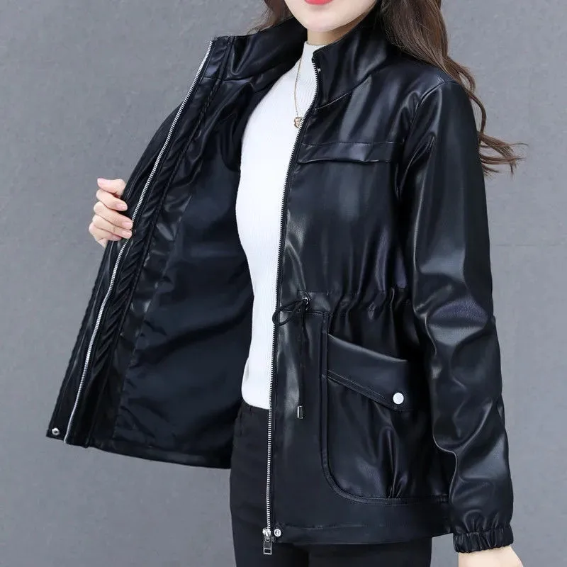 Women\'s PU Leather Jacket New Autumn Stand Collar Leather Coat Female Mid-length Faux Leather Coat Casual Leather Windbreaker