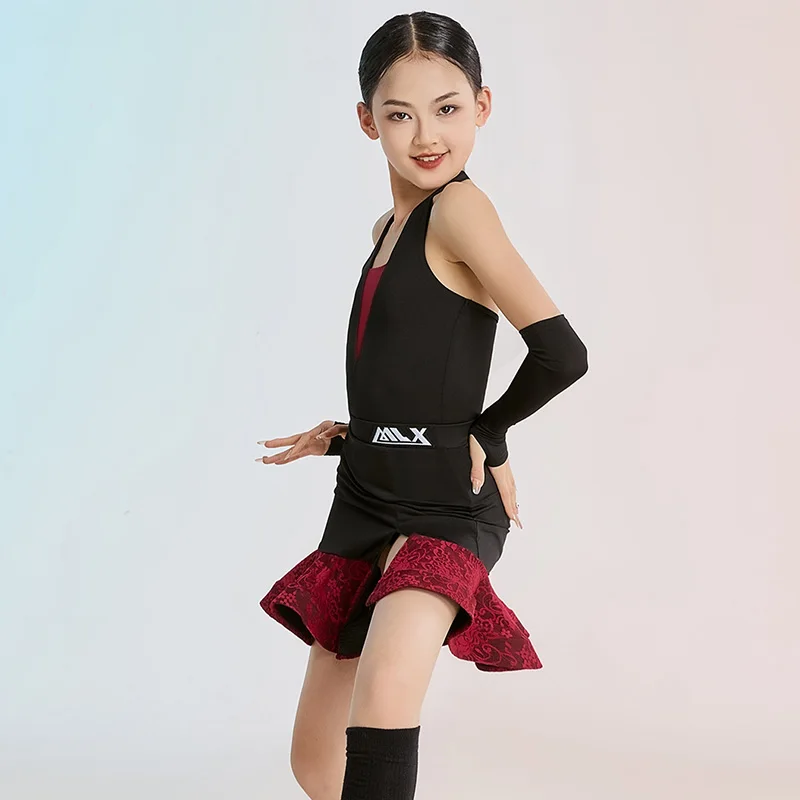 Sommer Neue Latin Dance Kostüme Mädchen Schwarz Rot Leistung Anzug Halter Body Rüschen Rock Cha Cha Rumba Tango Kleid AMY1634