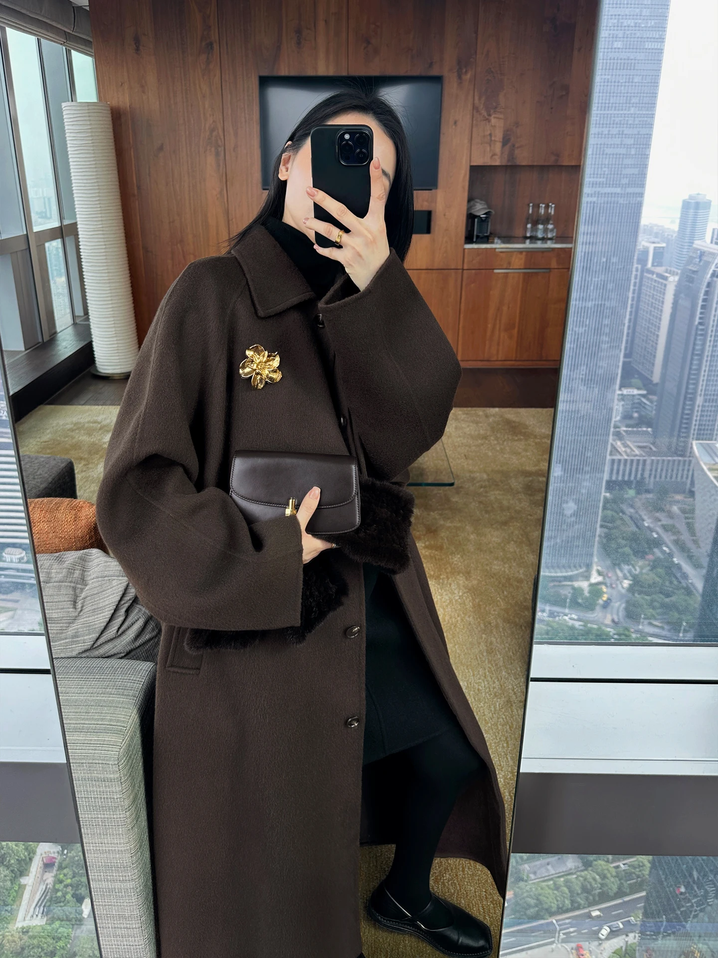 

Muallychen Vintage Double-Faced Wool Coat with Arcuate Sves And Turn-down Collar for Women Long Outerwear Faionable Ladi...