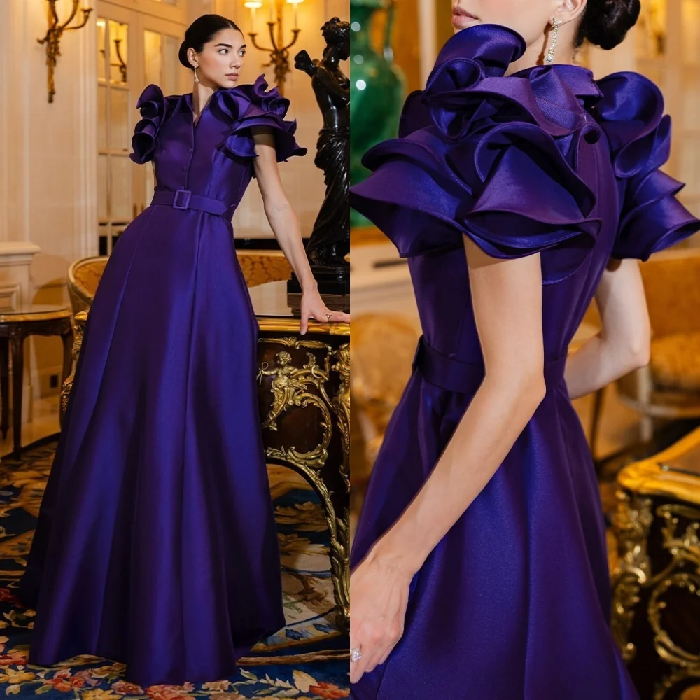 Jiayigong High Quality  Prom Jersey Sashes Button Formal Evening A-line V-neck Bespoke Occasion Gown Long Dresses